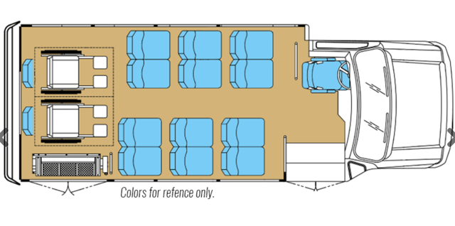 Floor plan: 22-foot E-450, 13 seats plus 2 wheelchair stations