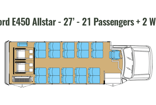 Floor plan: 27-foot E-450 with 21 seats plus 2 wheelchair stations