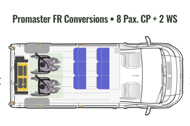 Floor plan: Ram ProMaster van with 8 seats plus 2 wheelchair positions