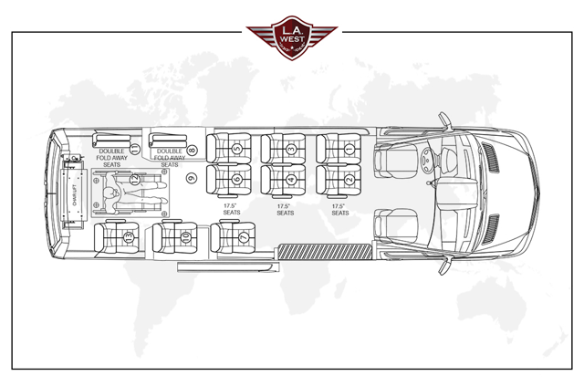 Floor plan: full-size van conversion with rear lift and curbside entry steps