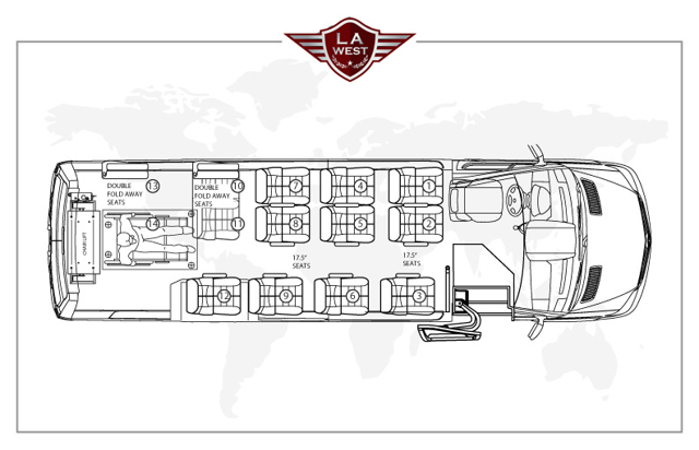 Floor plan: full-size van conversion with rear wheelchair lift and fold-away seats