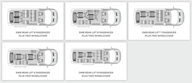 Floor plans: minivan and van rear-lift layouts, 6–8 passengers plus two wheelchairs