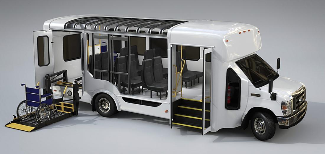 Cutaway view of a Ford E-450 shuttle bus: entry steps, seating and rear wheelchair lift