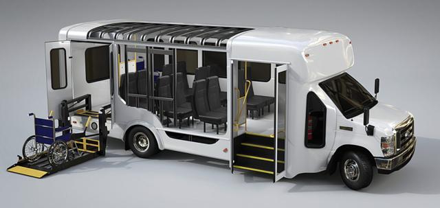 Cutaway view of an E-450 shuttle bus with rear wheelchair lift and entry steps