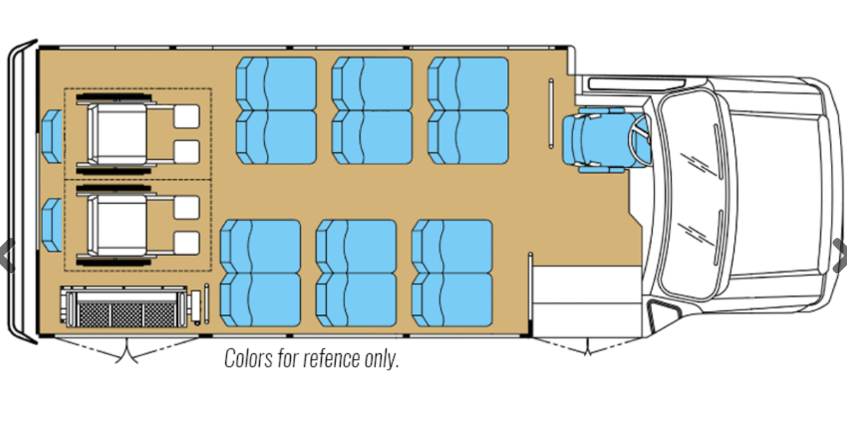 Floor plan of a 22-foot Ford E-450 shuttle bus with 13 seats plus 2 wheelchair stations