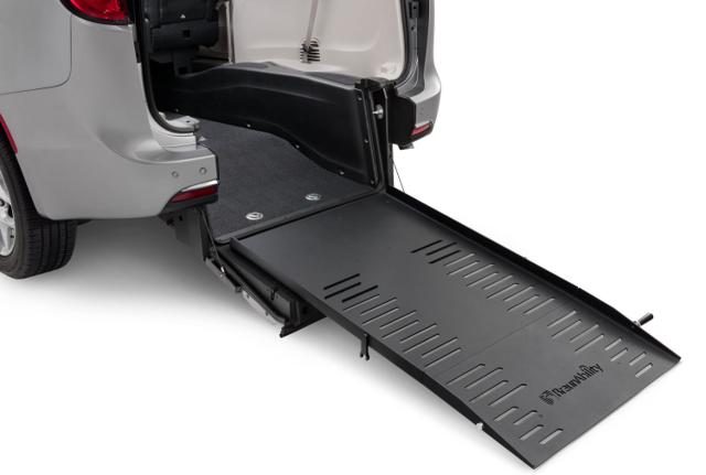 Close-up of a rear-entry minivan ramp and lowered floor